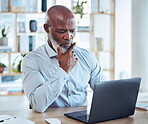 Thinking, business and black man on laptop in office, desk and company for solution, research or strategy. Manager, decision and working on computer of online planning, inspiration and question ideas