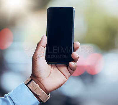 Man, hands and mockup phone in city for data management, gps app and business news online. Urban worker, smartphone mock up screen and technology for 5g networking, mobile research and media website