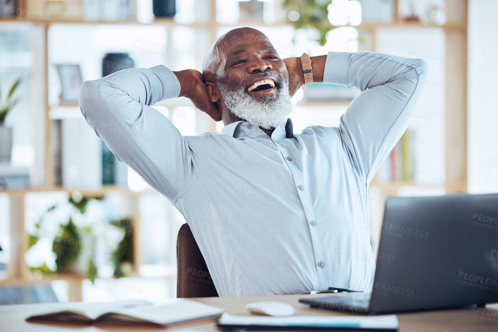 Buy stock photo Happy black man stretching at desk for relax, online success and work life balance on office laptop. Business manager, boss or person success, calm and confident for project or career time management