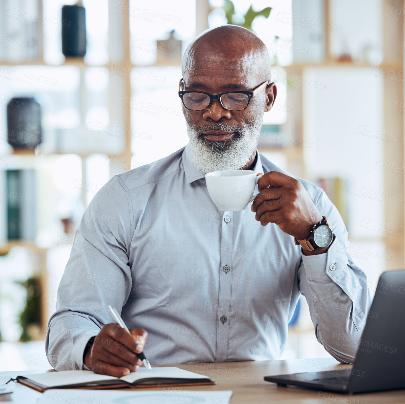 Buy stock photo Black man, drinking coffee or notebook writing in corporate office for finance budget, taxes audit planning or financial growth. Serious, CEO or businessman with tea, laptop technology or report book