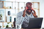 Business, headache and black man with laptop, stress and burnout with red highlight, overworked and tired. African American male employee, leader or manager with device, migraine or anxiety with pain