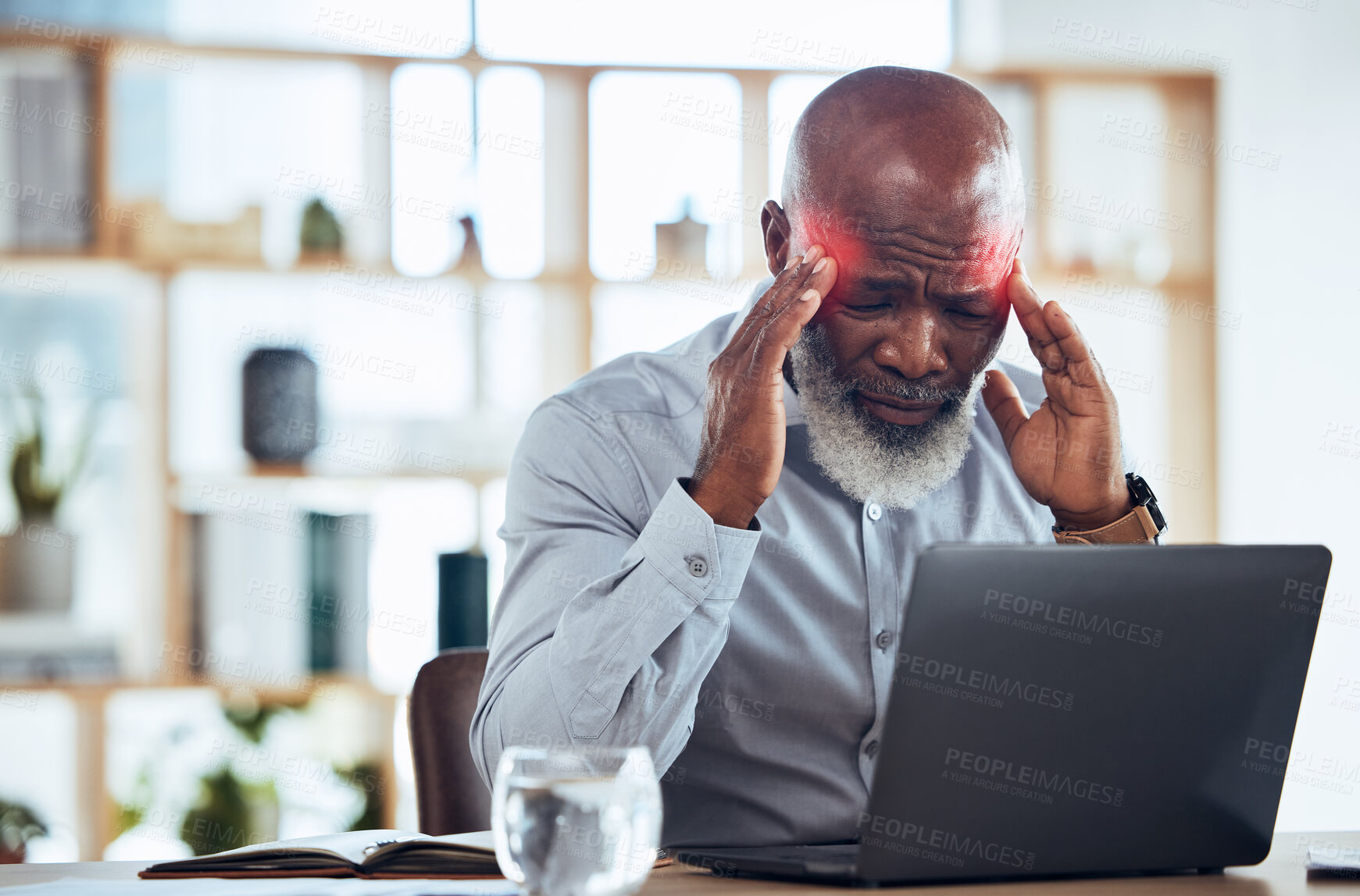 Buy stock photo Business, headache and black man with laptop, stress and burnout with red highlight, overworked and tired. African American male employee, leader or manager with device, migraine or anxiety with pain