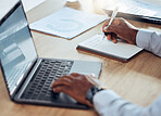 Black man, laptop and hands writing notes for business schedule, office administration and reminder. Closeup worker, computer planning and notebook of ideas, information and strategy planner at table