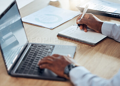 Buy stock photo Man, laptop and hands writing notes for business schedule, office administration and reminder. Closeup worker, computer planning and notebook of ideas, information and strategy planner at table