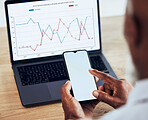 Chart, laptop screen and phone, mockup and data analysis, black man and hands with sales information. Analyst, finance and financial growth monitor, ux and app with technology, dashboard and stats