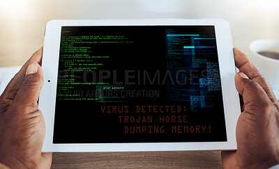 Buy stock photo Man, tablet and cyber security virus on screen of internet fraud, 404 phishing scam or data privacy online. Digital coding, trojan horse ransomware and hacking technology of error, crime or html code