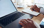 Hands, laptop and black man writing notes for business schedule, office administration and reminder. Closeup worker, computer planning and notebook of ideas, information and strategy planner at table