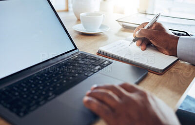 Buy stock photo Hands, laptop and man writing notes for business schedule, office administration and reminder. Closeup worker, computer planning and notebook of ideas, information and strategy planner at table