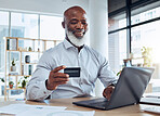 Happy black man, business credit card and laptop for ecommerce, finance and accounting in office. Manager, computer and financial payment of budget, fintech trading and banking for investment economy