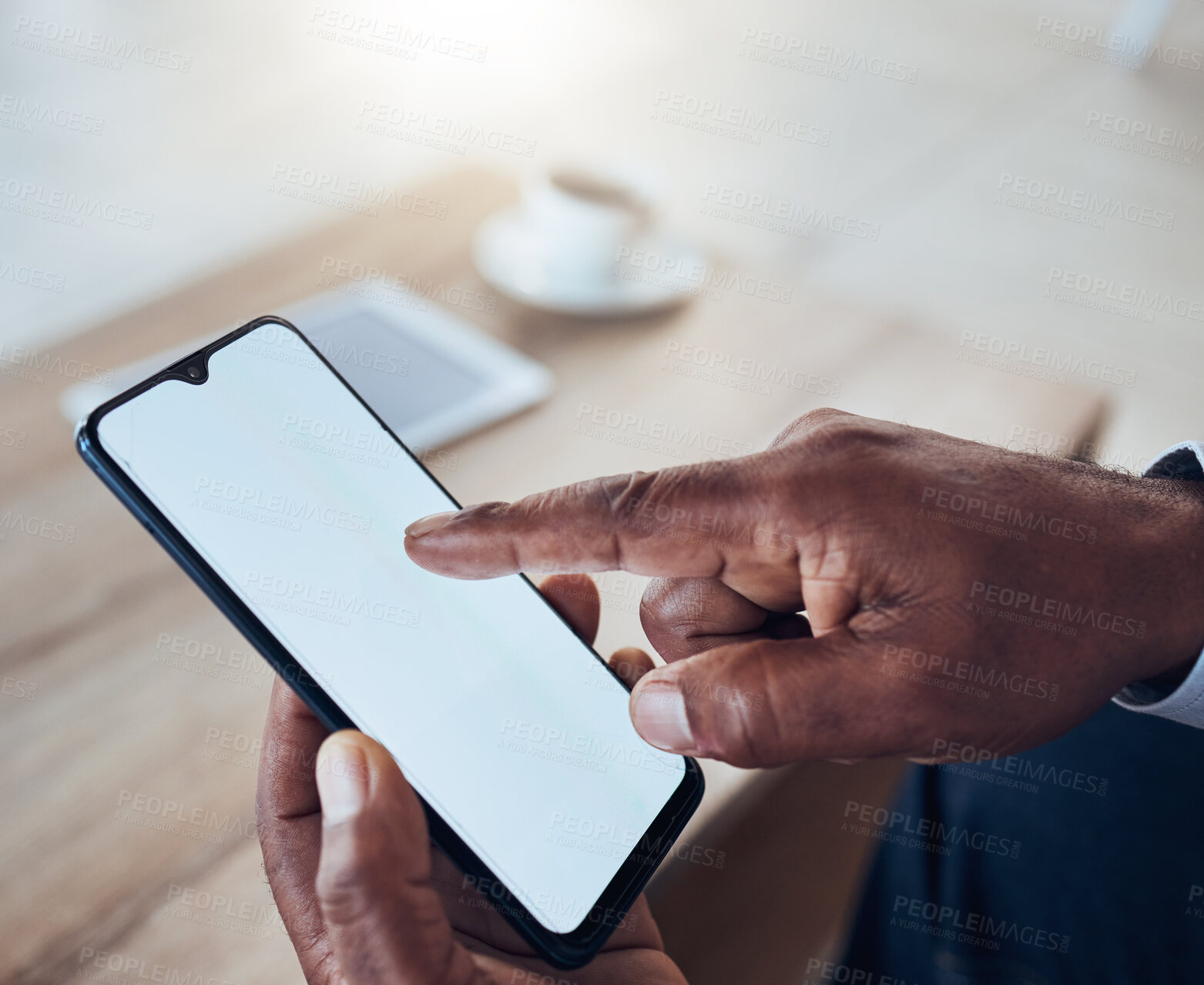 Buy stock photo Man, hands and mockup smartphone screen for marketing space, online app or digital website. Closeup, mock up mobile and cellphone technology for search, social media and advertising placeholder