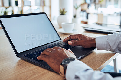 Buy stock photo Man, hands and mockup on laptop keyboard, marketing space and planning online administration. Closeup worker, mock up computer screen and technology for research, seo or advertising placeholder