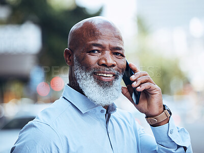 Business phone call, portrait and black man in city for conversation, mobile networking or hello. Happy mature manager, outdoor communication and talking on smartphone for contact, speaking and smile