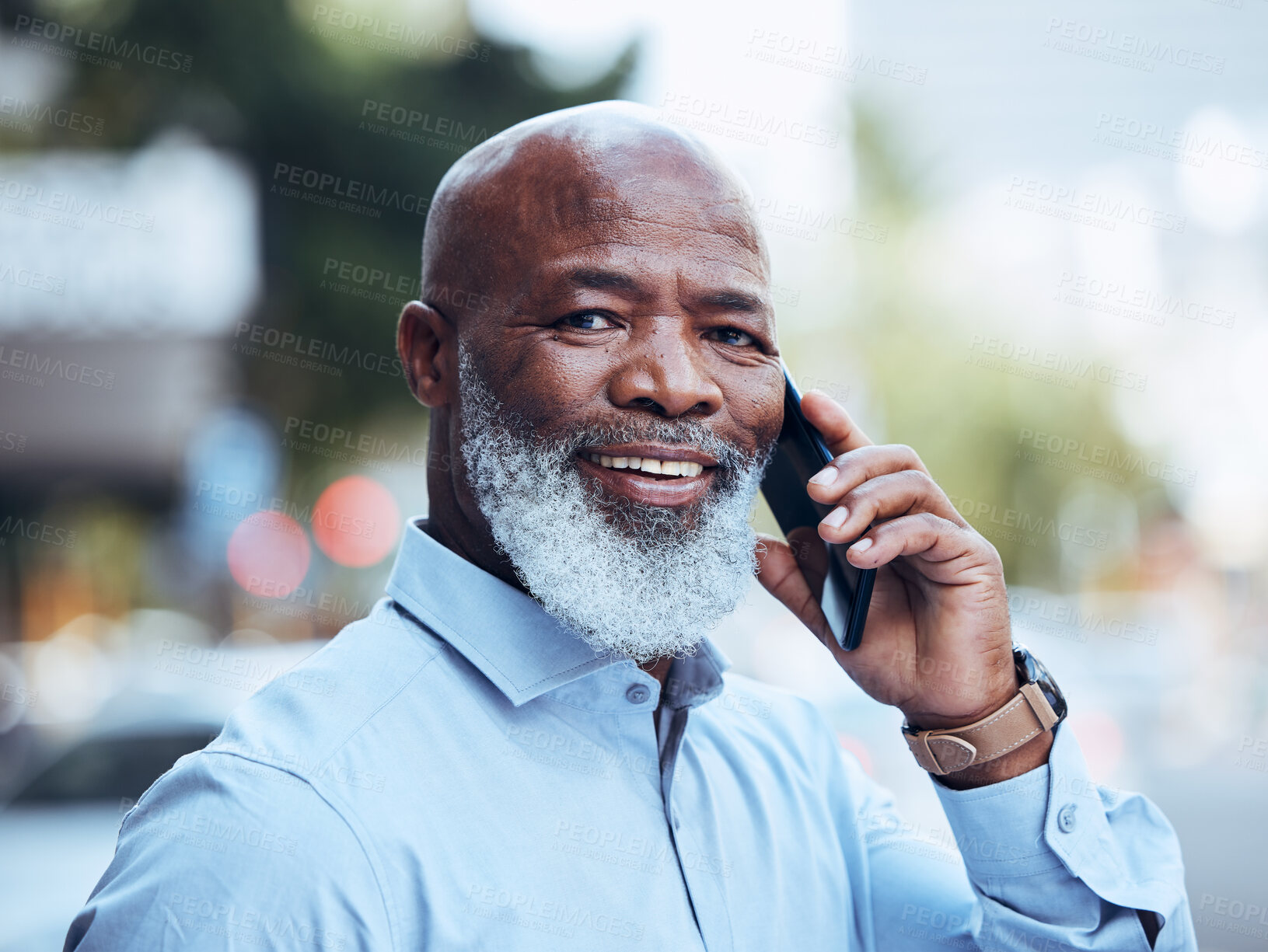 Buy stock photo Business phone call, portrait and black man in city for conversation, mobile networking or hello. Happy mature manager, outdoor communication and talking on smartphone for contact, speaking and smile