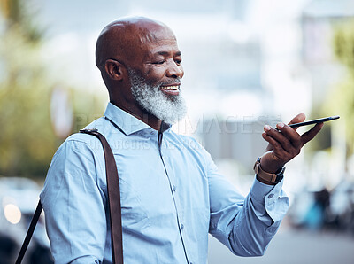 Black man, phone and and communication voice in city for conversation, networking connection or travel. Happy businessman, outdoor and mobile recording on smartphone, audio chat and virtual assistant