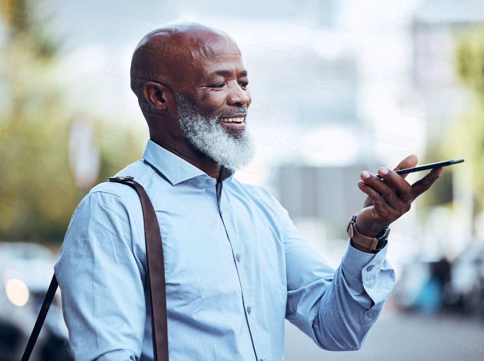 Buy stock photo Black man, phone and and communication voice in city for conversation, networking connection or travel. Happy businessman, outdoor and mobile recording on smartphone, audio chat and virtual assistant