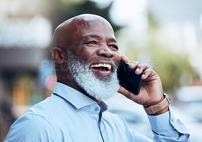 Buy stock photo Business phone call, black man and laughing in city for conversation, mobile networking or hello. Happy mature manager, outdoor communication and talking on smartphone for contact, good news and joke