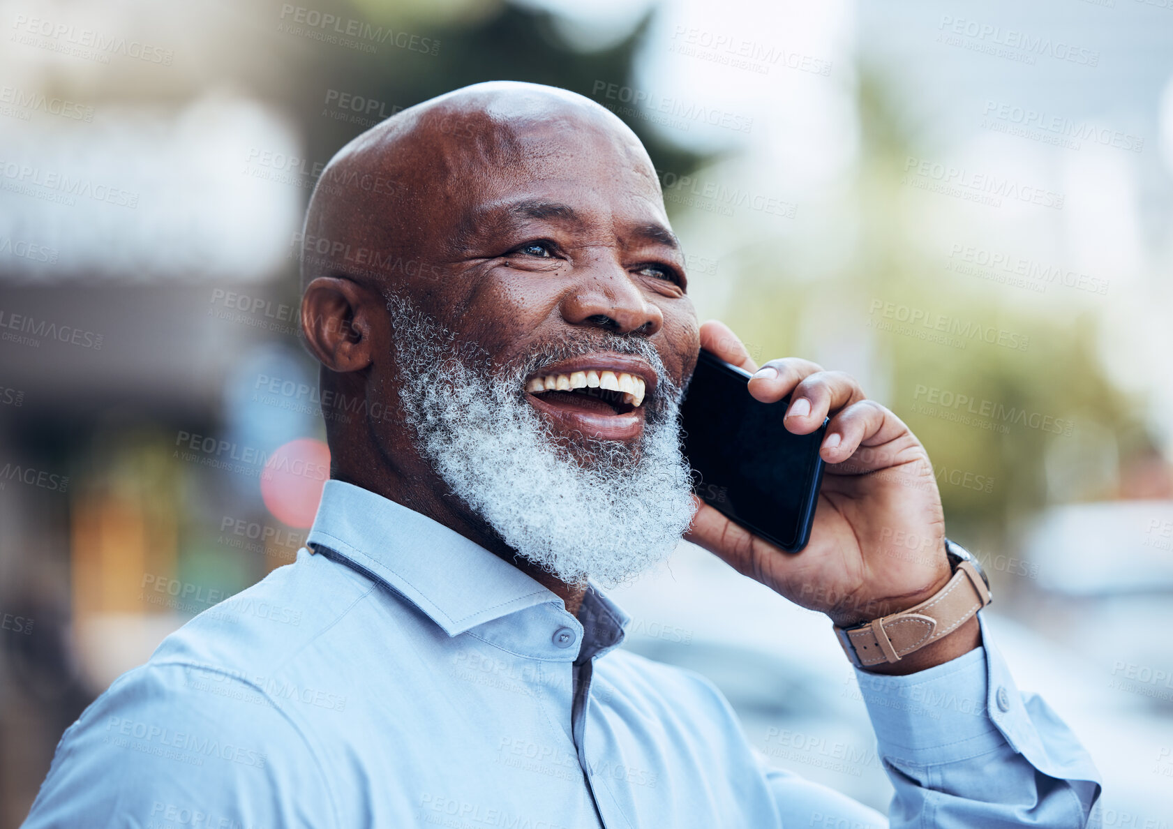 Buy stock photo Business phone call, black man and laughing in city for conversation, mobile networking or hello. Happy mature manager, outdoor communication and talking on smartphone for contact, good news and joke