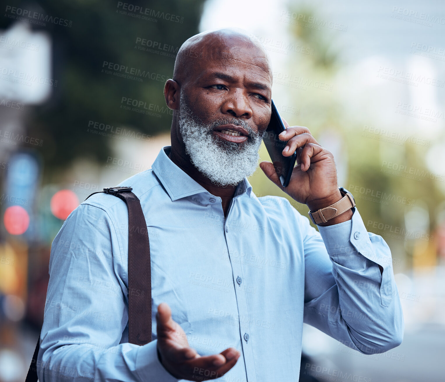 Buy stock photo Business stress, black man and phone call in city for worry, anxiety and communication mistake. Confused manager, outdoor and mobile talking about problems, frustrated executive or consulting failure