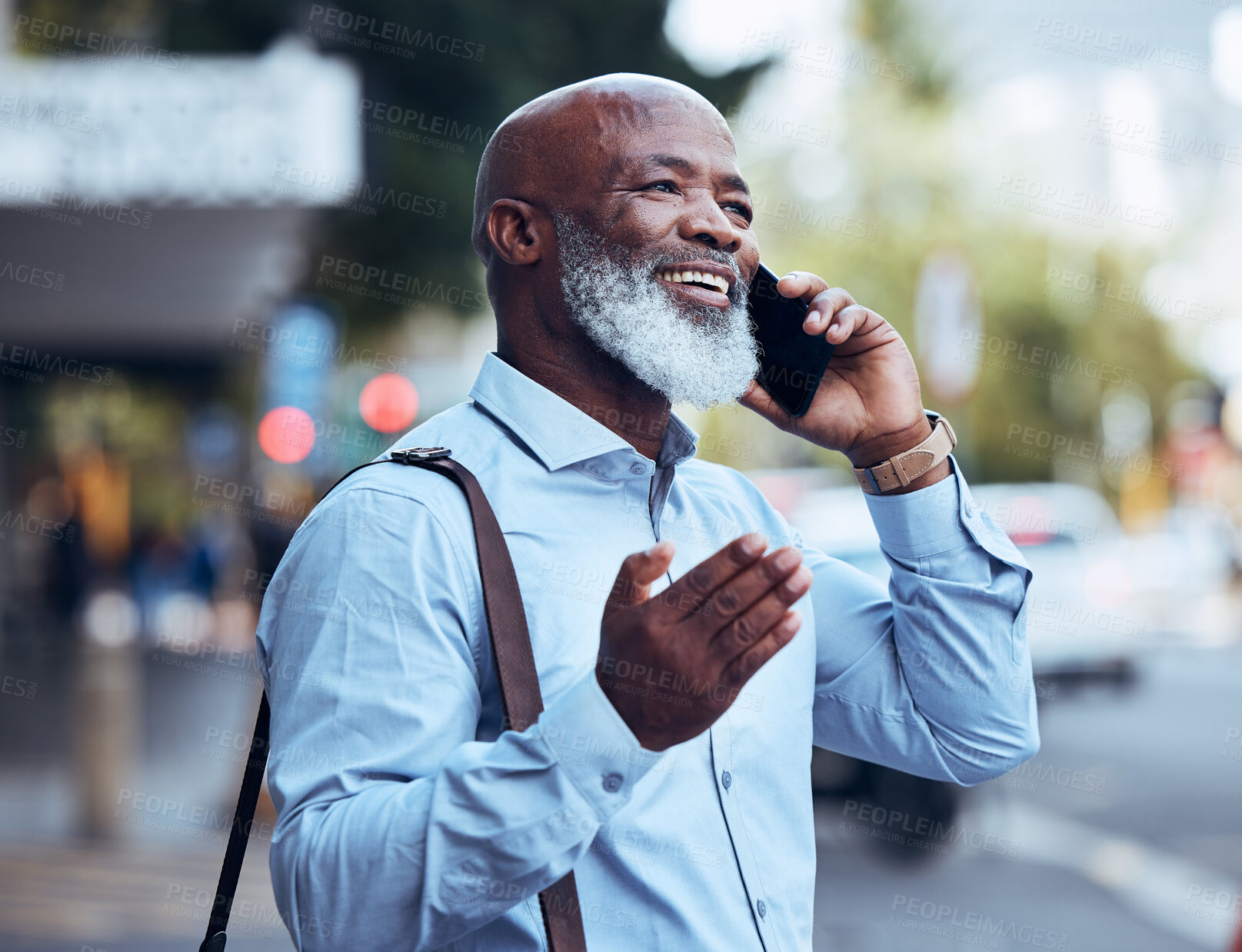 Buy stock photo Business, phone call and black man in city with smile, conversation and mobile networking. Happy mature manager, outdoor communication and talking on smartphone for contact, speaking and urban travel