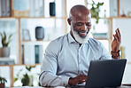 Laptop, online meeting and African businessman in the office in a virtual corporate discussion. Happy, leadership and senior male employee talking on video call or webinar with computer in workplace.