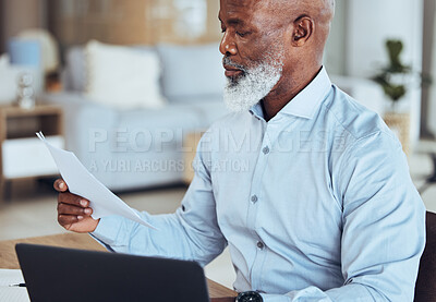 Buy stock photo Black man, laptop or reading documents in corporate office for company finance budget, taxes audit or financial management. Mature CEO, boss or businessman with technology, paper or investment report