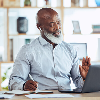 Buy stock photo Black man, earphones or laptop on video call, conference meeting or webinar of finance training, workshop or presentation. Smile, happy or talking mature businessman with book or virtual technology