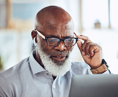 Buy stock photo Confused black man, glasses or reading laptop in corporate office of finance budget crisis, taxes audit problem or financial loss. Mature CEO, doubt or businessman with technology or investment fail