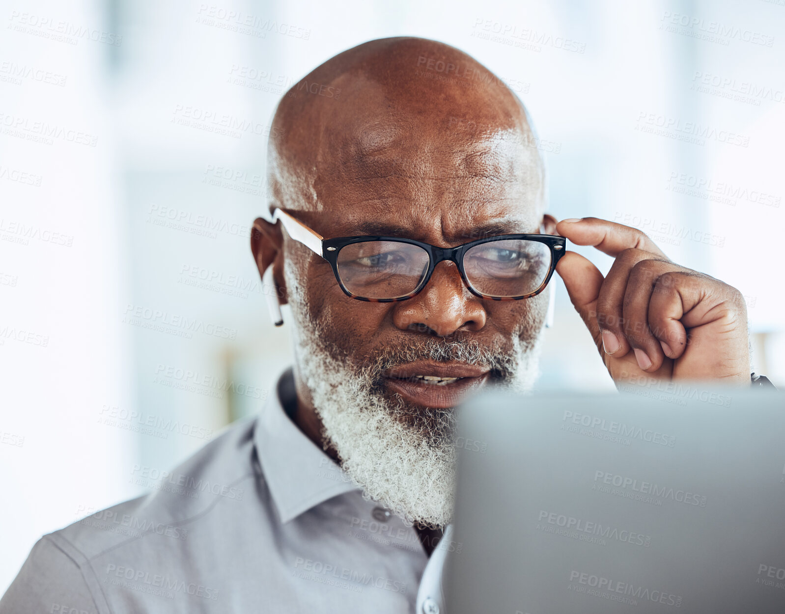 Buy stock photo Confused businessman, glasses or reading laptop in corporate office of finance budget crisis, taxes audit problem or financial loss. Worried CEO, doubt or black man with technology or earphones fail