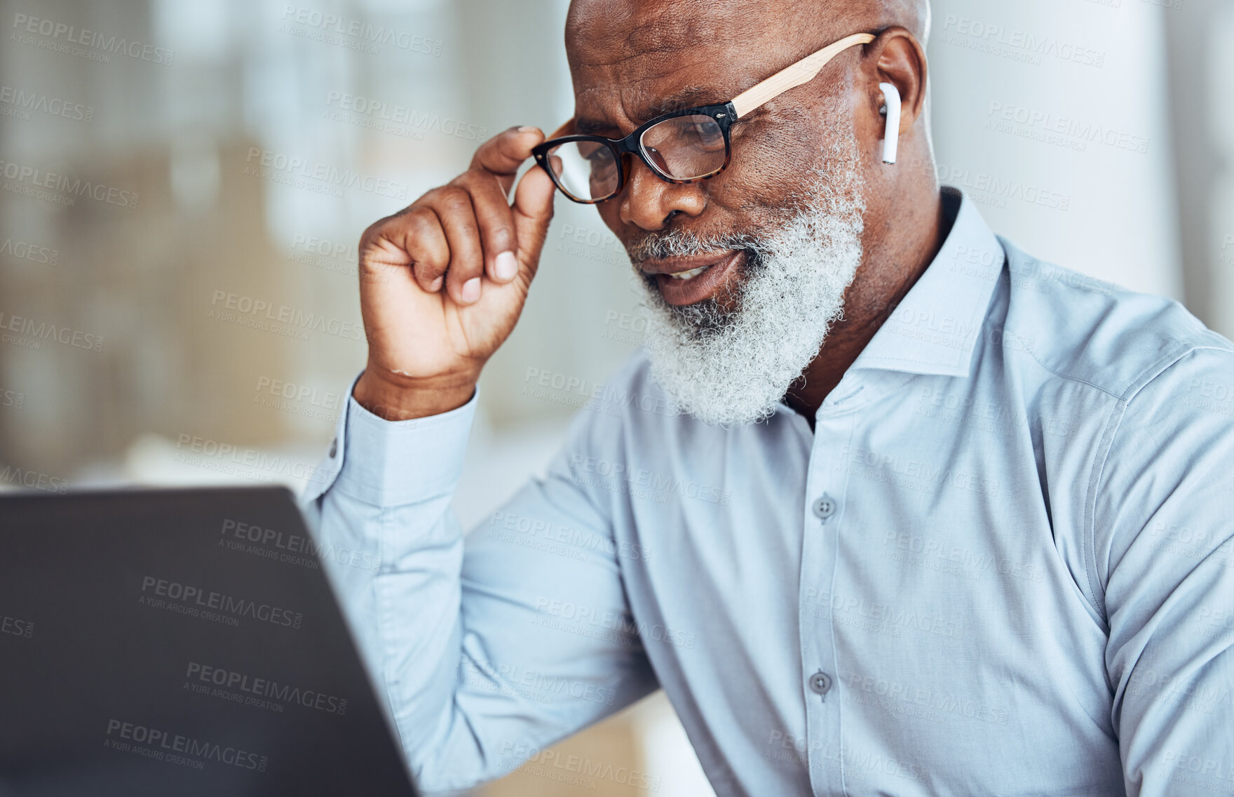 Buy stock photo Black man, earphones or glasses for laptop video call, conference meeting or webinar for training, workshop or presentation. Vision, confused or mature businessman on technology broadcast with doubt