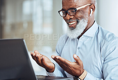 Buy stock photo Black man hands, earphones or laptop on video call, conference meeting or webinar for training, workshop or presentation. Smile, happy or talking mature businessman with virtual broadcast technology