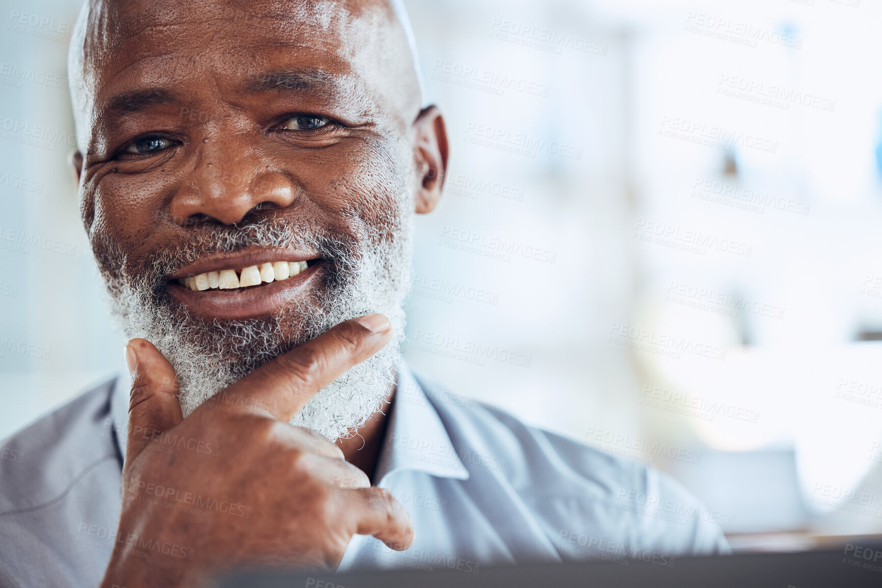 Buy stock photo Black man, portrait and corporate worker in office with success mindset, growth planning or interest on mockup space. Zoom, face and mature CEO businessman with leadership, management or confidence