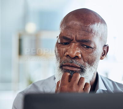 Business, confused and black man thinking, stress and deadline for project, information technology problem and glitch. African American male employee, leader and manager with serious face or research