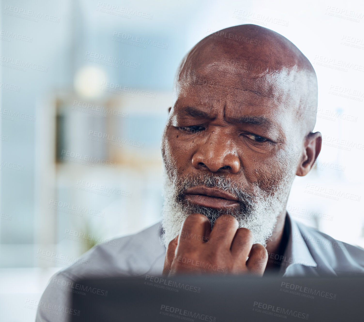 Buy stock photo Business, confused and black man thinking, stress and deadline for project, information technology problem and glitch. African American male employee, leader and manager with serious face or research