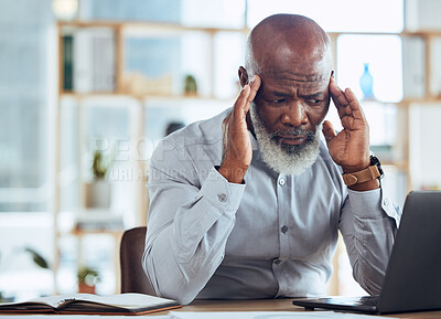 Buy stock photo Black man, laptop or stress headache in office with financial loss, company investment fail or corporate bankruptcy crisis. Anxiety, worry or mistake for businessman, ceo or mature boss on technology