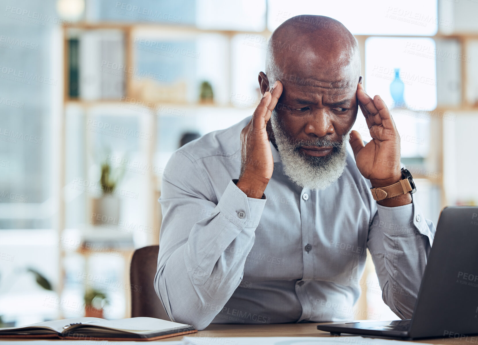 Buy stock photo Black man, laptop or stress headache in office with financial loss, company investment fail or corporate bankruptcy crisis. Anxiety, worry or mistake for businessman, ceo or mature boss on technology