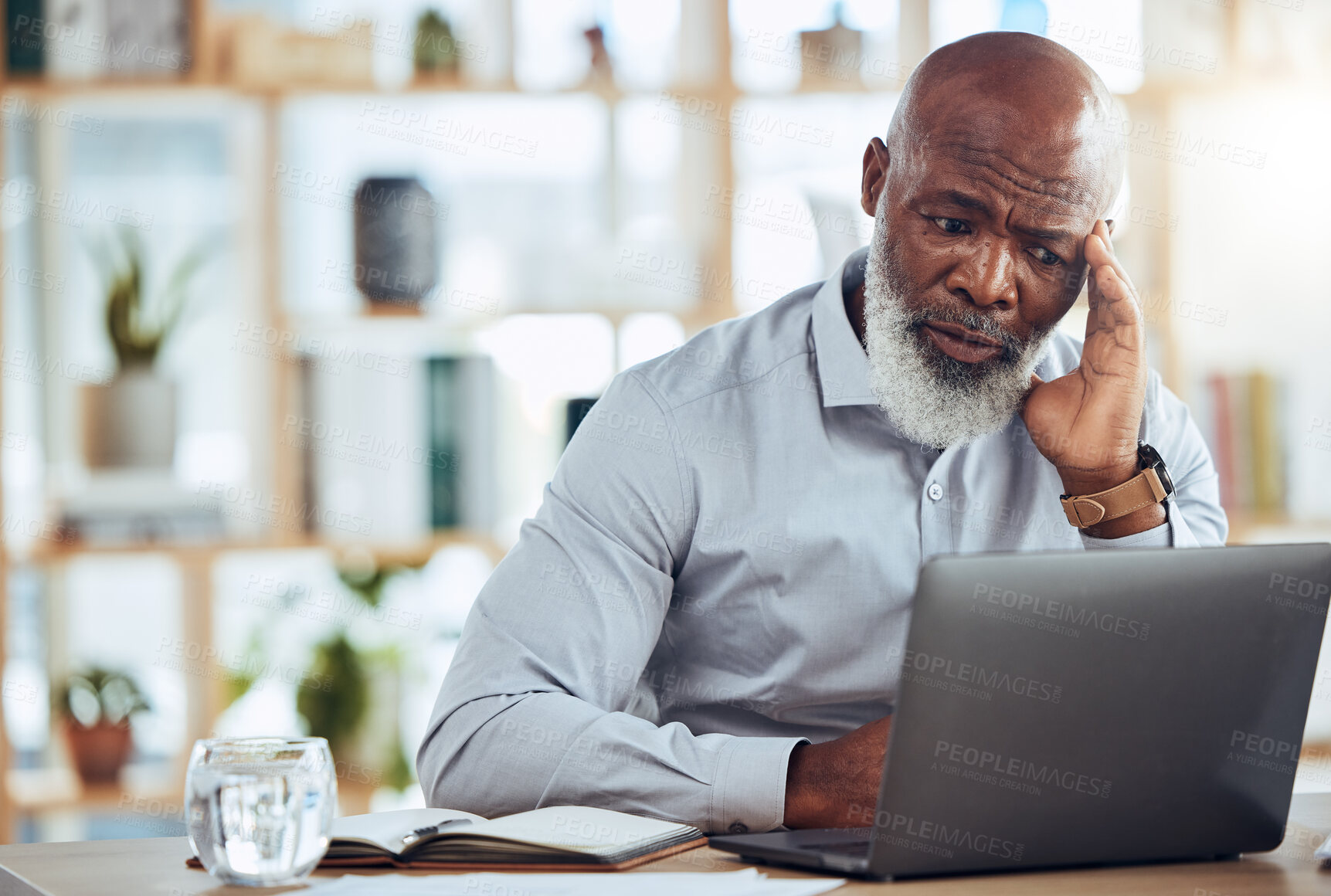 Buy stock photo Stress, headache and frustrated black man on laptop in office with 404 technology glitch, crisis or online problem. Business, burnout and computer mistake with anxiety, confused or stock market crash