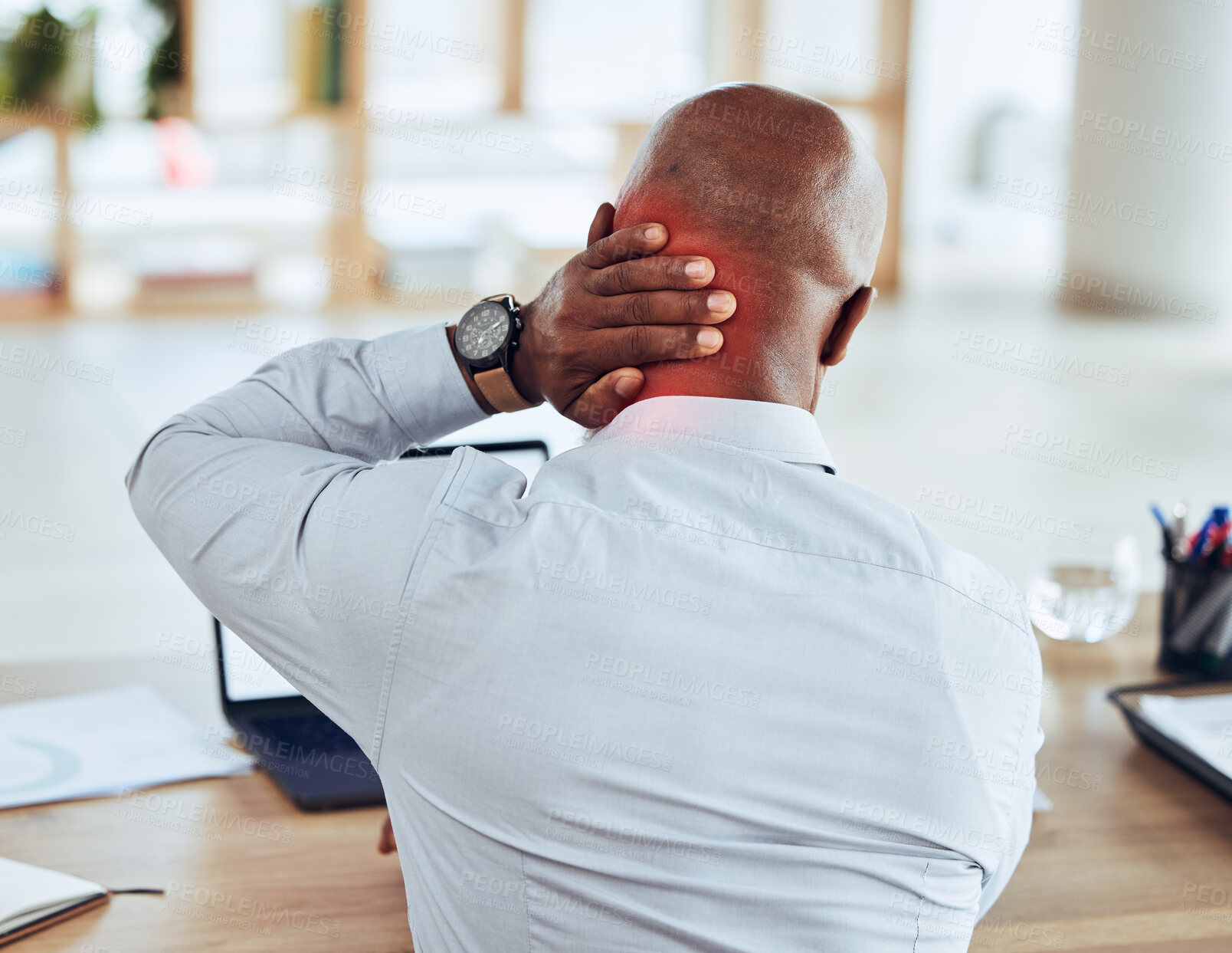 Buy stock photo Neck pain, red and back of business man in office with joint injury, health risk and bruise. Head of worker, muscle problem and body fatigue from bad posture at desk, stress and anatomy inflammation