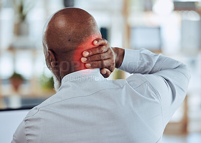 Buy stock photo Back, red neck pain and business man in office with joint injury, health risk and bruise. Head of worker, muscle problem and body fatigue from bad posture at desk, stress and anatomy inflammation