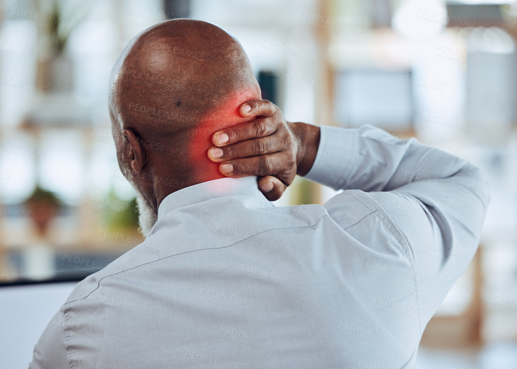 Buy stock photo Back, red neck pain and business man in office with joint injury, health risk and bruise. Head of worker, muscle problem and body fatigue from bad posture at desk, stress and anatomy inflammation