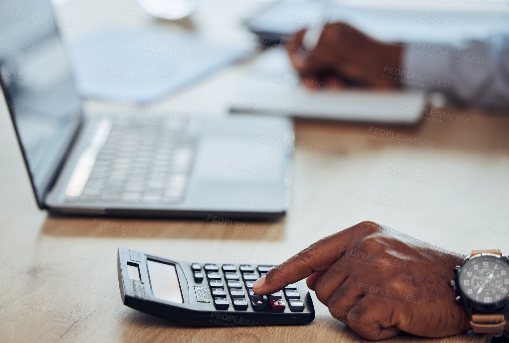 Buy stock photo Closeup, hand and calculator for business, balance and calculating for budget, finance and workplace. Zoom, hands and administrator with bookkeeping, accounting and profit growth in office or economy