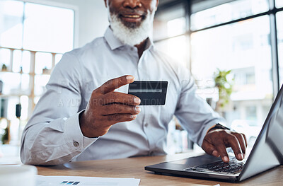 Buy stock photo Hands of black man, business credit card and laptop for ecommerce, finance or accounting in office. Worker, computer and financial payment of budget, fintech trading or banking of investment economy