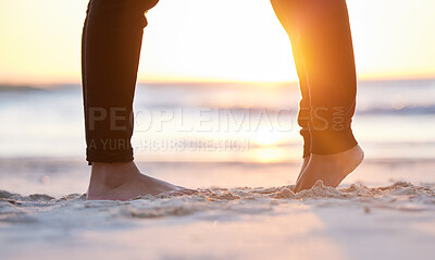 Buy stock photo Couple at beach, legs and feet in sand with sunrise, love and commitment in relationship with travel. Adventure together, trust and respect, care in partnership and people, ocean with holiday in Bali