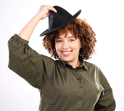 Buy stock photo Black woman, smile and portrait with a hat in studio for fashion, style and happiness or beauty. Face, happy model or person isolated on white background with stylish accessory, kindness and respect