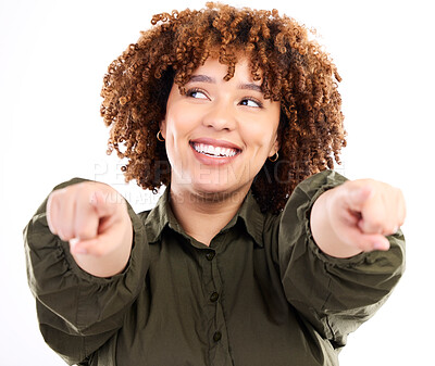 Buy stock photo Pointing, thinking and motivation with a black woman in studio isolated on a white background for choice or selection. Happy, ideo and point with an attractive young female choosing an option