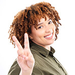 Peace, sign and portrait of black woman excited, confident and happy isolated against a studio white background. Young, fun and hand by casual female with a gesture feeling relax and happiness casual