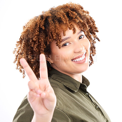 Buy stock photo Peace, sign and portrait of black woman excited, confident and happy isolated against a studio white background. Young, fun and hand by casual female with a gesture feeling relax and happiness