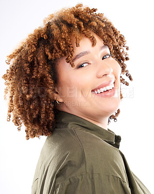 Buy stock photo Portrait of black woman with smile, happiness and isolated on white background, worker at creative startup design agency. Small business entrepreneur, happy face and smiling office employee in studio