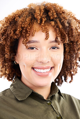 Buy stock photo Portrait of black woman with smile on face, headshot isolated on white background and happy creative startup design agency. Small business entrepreneur, studio and afro, smiling employee in office.