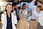 Celebration, winner and portrait of business woman in office with crossed arms, startup success and leadership. Collaboration, teamwork and excited employees with victory, achievement and work goals