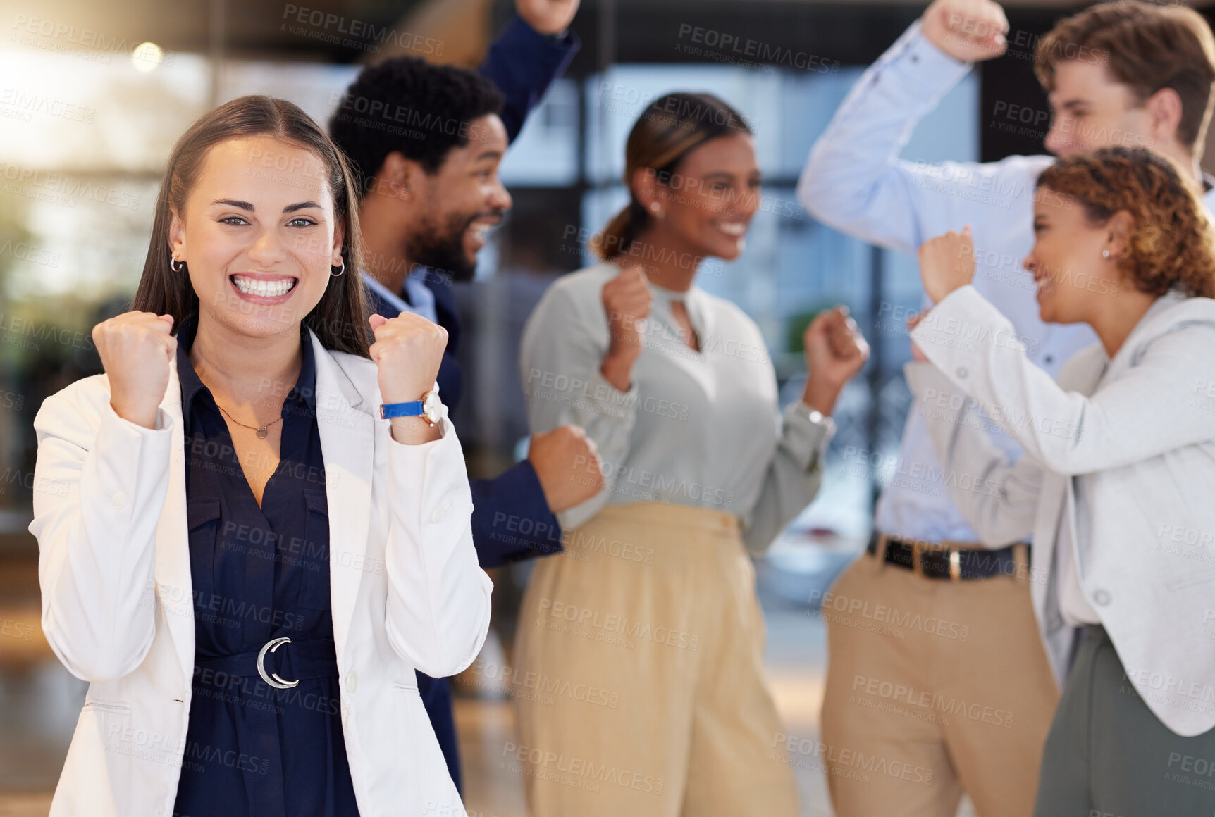 Buy stock photo Celebration, winner and portrait of business woman in office with bonus, startup success and leadership. Collaboration, teamwork and excited employees with victory, achievement and winning goals